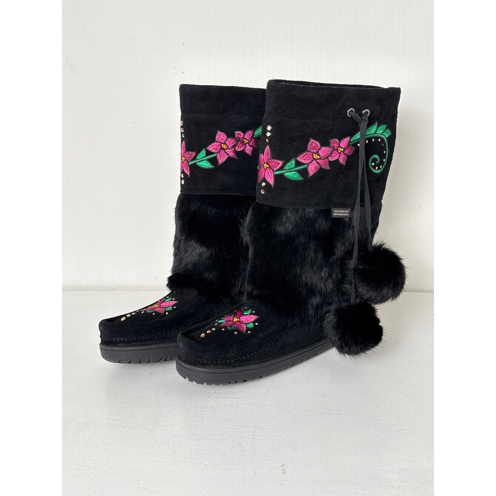 Manitobah Mukluks Black Waterproof Tamarack Rabbit Fur Floral Boots Womens 8